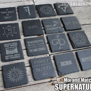 Mix and Match Supernatural Etched Slate Coasters - Gray - Choice of Set of 4 6 8 - Sam Dean Anti-possession Men of Letters barware