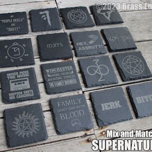 Mix and Match Supernatural Etched Slate Coasters Gray Choice of Set of 4 6 8 Sam Dean Anti-possession Men of Letters barware image 1