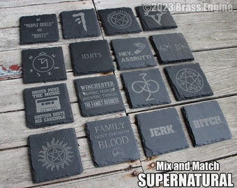 Mix and Match Supernatural Etched Slate Coasters - Gray - Choice of Set of 4 6 8 - Sam Dean Anti-possession Men of Letters barware