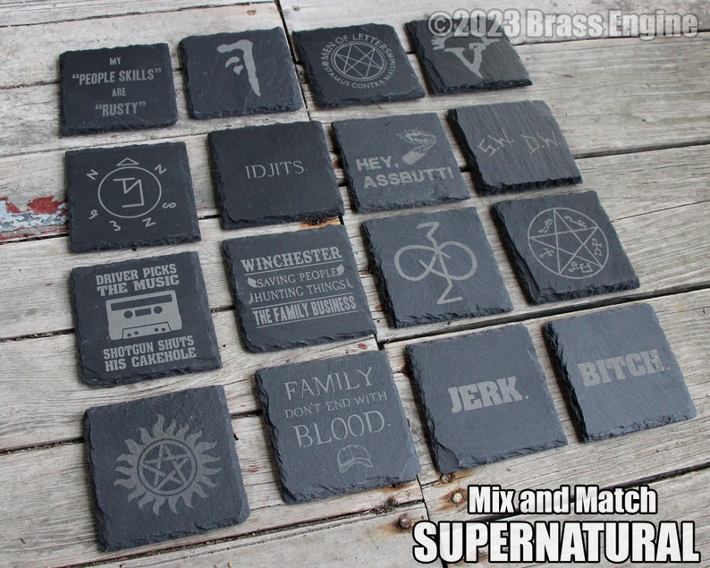 Mix and Match Supernatural Etched Slate Coasters Gray Choice of Set of 4 6 8 Sam Dean Anti-possession Men of Letters barware image 1