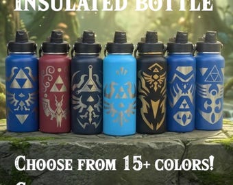 Link's Hylian Shield Water Bottle, 32 oz, Insulated Stainless Steel, Personalized Engraving, Zelda Hydro