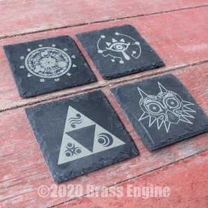 Legend of Zelda Etched Slate Coasters - Gray - Set of 4 - Triforce Sheikah Majora's Mask barware