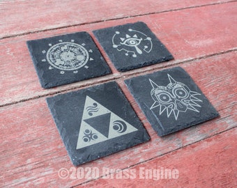 Legend of Zelda Etched Slate Coasters - Gray - Set of 4 - Triforce Sheikah Majora's Mask barware