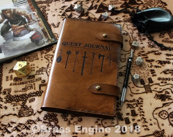 Quest Journal 'Moleskine' Leather Notebook Cover 8.25x5.25 - Hand stitched - Laser Etched - Briar Brown D&D Dungeons and Dragons