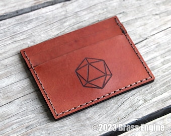 D20 Dice Leather Card Holder Wallet - Color Choice - Handmade engraved - RPG Dungeons and Dragons Pathfinder