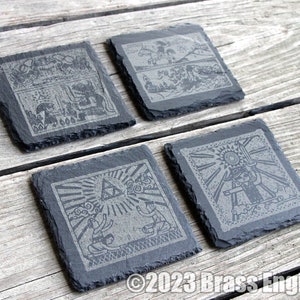 Legend of Zelda Wind Waker Etched Slate Coasters - Gray - Triforce The Windwaker HD barware