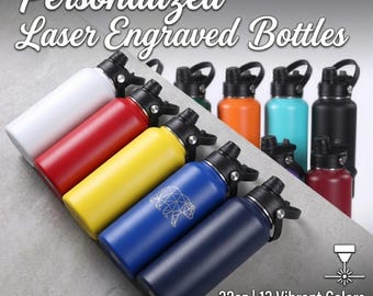 Custom Engraved 32 oz Hydro Water Bottle, Your Logo Image or Design, Stainless Steel, Double Wall Insulated, includes gift box, 13 colors