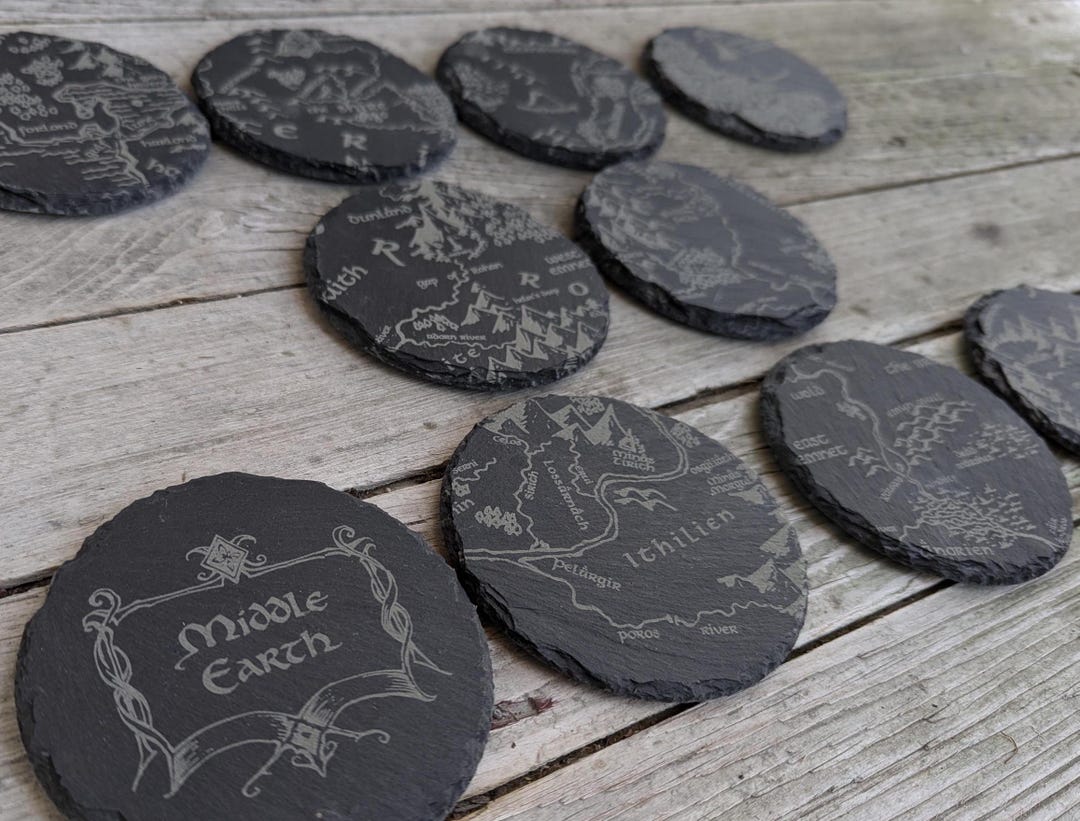 Round Map Coaster Fantasy Map - Round Slate Coasters - Gray - Set of 4 6 8 10 Middle ...