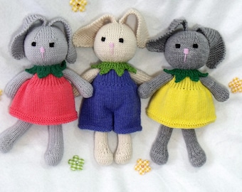 Toy doll bunny knitting pattern. Cuties. Flower bunny.  Floppy ear bunny.  PDF instant download toy knitting pattern.