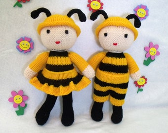 Toy doll knitting pattern. Cuties. Honey bee dolls. PDF instant download knitting pattern.