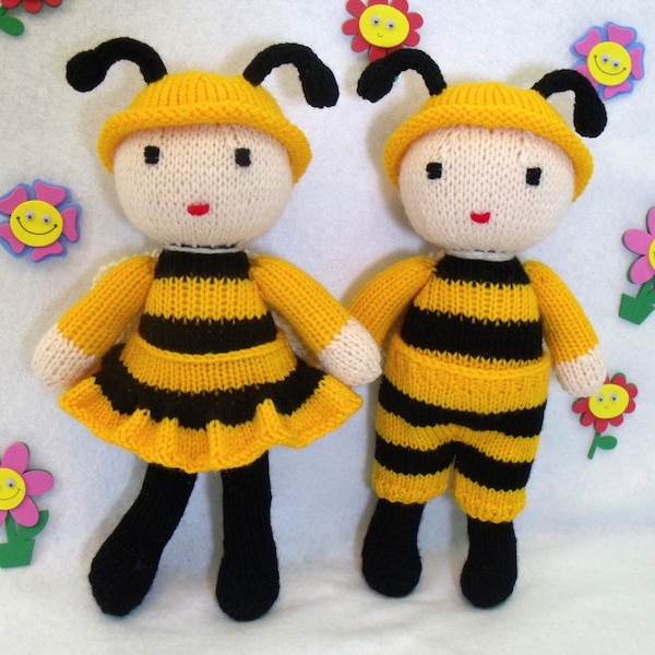 Toy doll knitting pattern. Cuties. Honey bee dolls. PDF instant download knitting pattern.