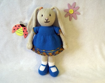 Toy doll bunny knitting pattern. Bina the Bunny. Floppy eared bunny with paws. PDF instant download toy knitting pattern