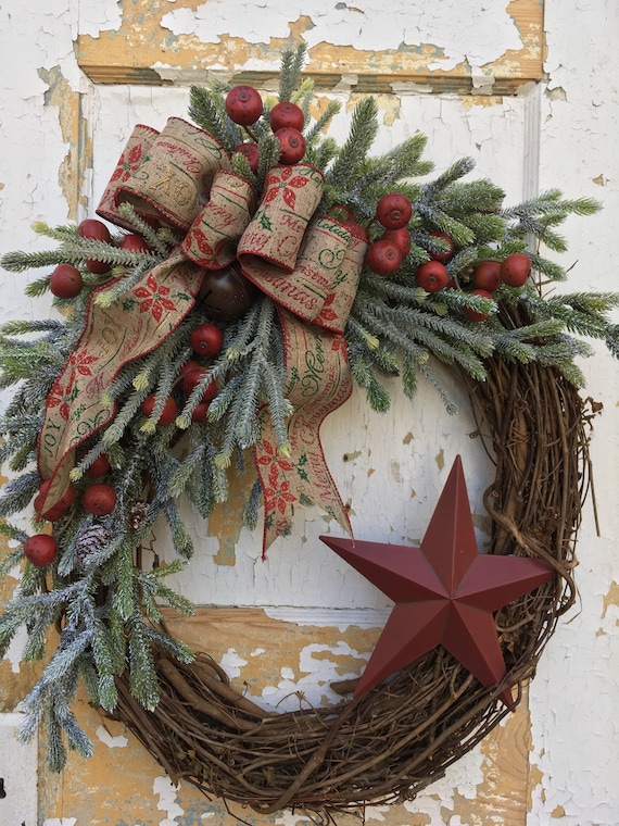Rustic Christmas Wreath for Front Door Christmas Primitive Etsy