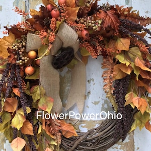 Vibrant Fall Wreath: Autumn Decor with Burlap Bow