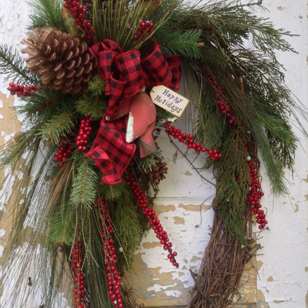 Large Christmas Wreath- Rustic Winter Wreath, Primitive Christmas Wreath, Cardinal Wreath