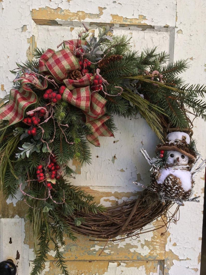 Rustic Christmas Wreath Snowman Wreath Holiday Wreath Etsy