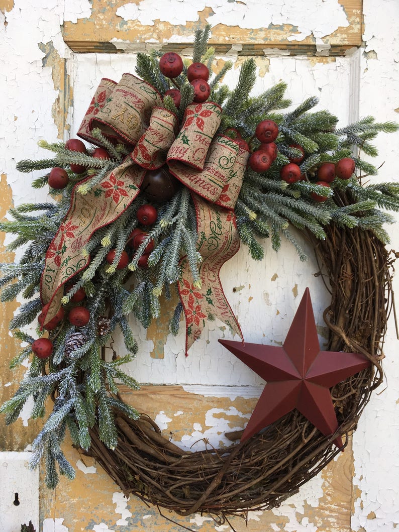 Rustic Christmas Wreath for Front Door Christmas Primitive Etsy