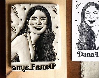 Custom hand carved rubber stamp portrait, handmade personalized face stamp, original birthday gift for your best friend, made to order