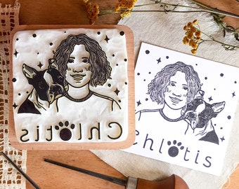 Custom portrait rubber stamp of one person with a pet, unique gift for your family member, personalized illustration for art enthusiasts