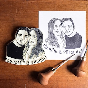 Timbro in gomma con ritratto di coppia, regalo personalizzato per fidanzamento o matrimonio, illustrazione personalizzata per San Valentino, biglietto salva la data fatto a mano
