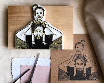 Custom portrait rubber stamp - mother or father with a kid, sweet personalized gift for parents, hand carved artwork for nursery decoration