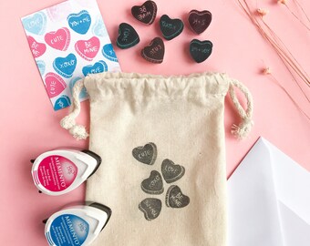 Valentine card kit candy heart / personalized conversation heart for valentine’s / set for creative kids or for adults / rubber stamp set