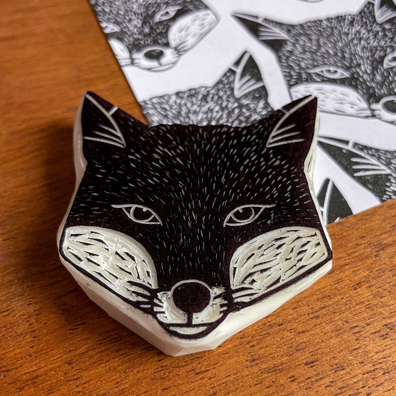 Fox stamp rubber hand carved / autumn fall design / wild animal lover stationery / cardmaking animal stamp / woodland craft image 2