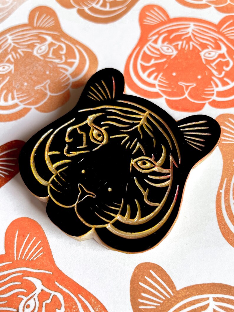 Tiger head rubber stamp hand carved / jungle pattern design / wild animal lover stationery / cardmaking wild cat stamp for bullet journal image 6