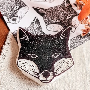 Fox stamp rubber hand carved / autumn fall design / wild animal lover stationery / cardmaking animal stamp / woodland craft image 1
