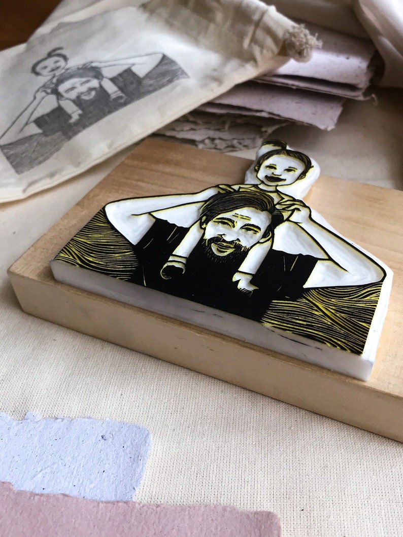 Custom portrait rubber stamp mother or father with a kid, sweet personalized gift for parents, hand carved artwork for nursery decoration image 8