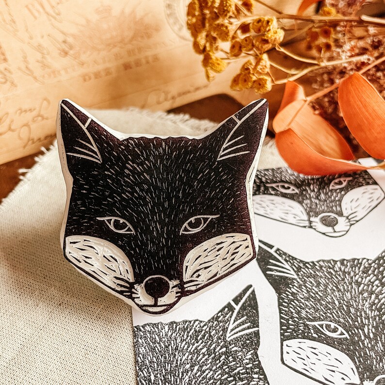 Fox stamp rubber hand carved / autumn fall design / wild animal lover stationery / cardmaking animal stamp / woodland craft image 8