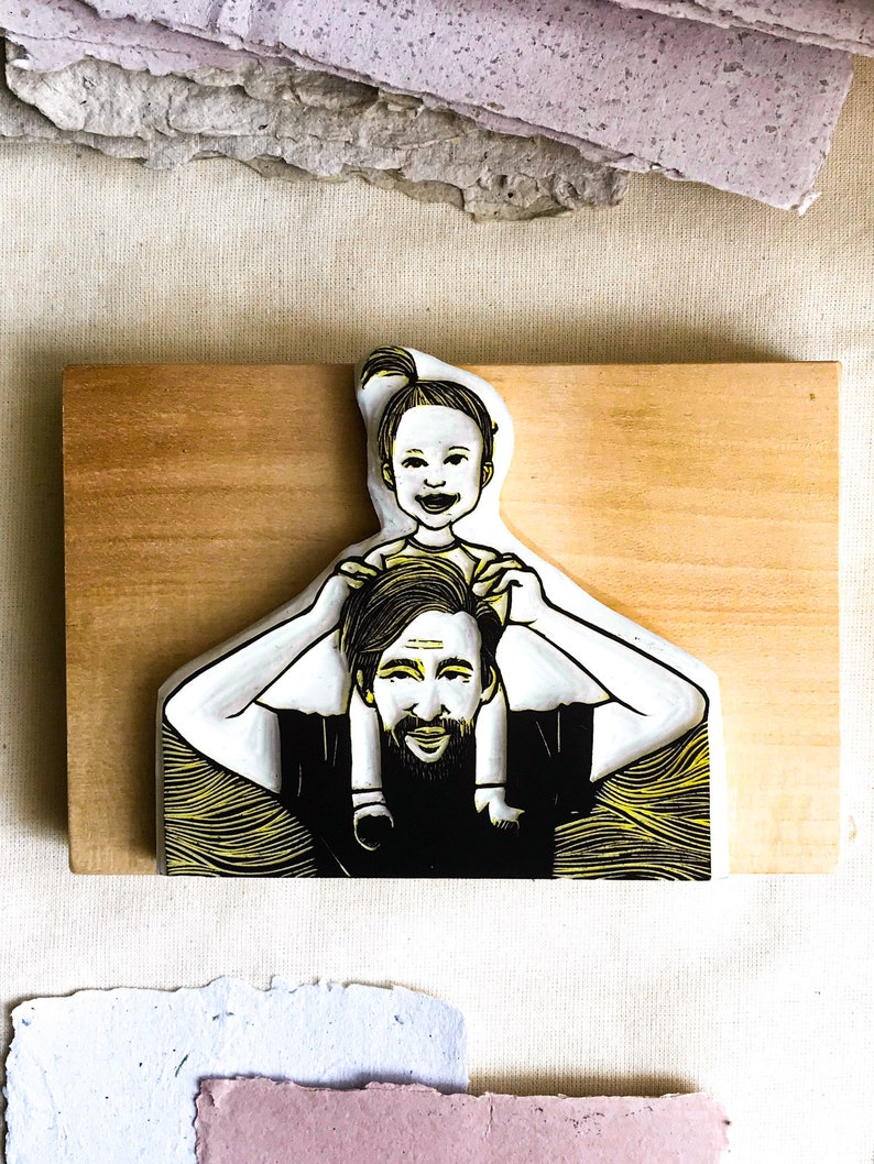 Custom portrait rubber stamp mother or father with a kid, sweet personalized gift for parents, hand carved artwork for nursery decoration image 7