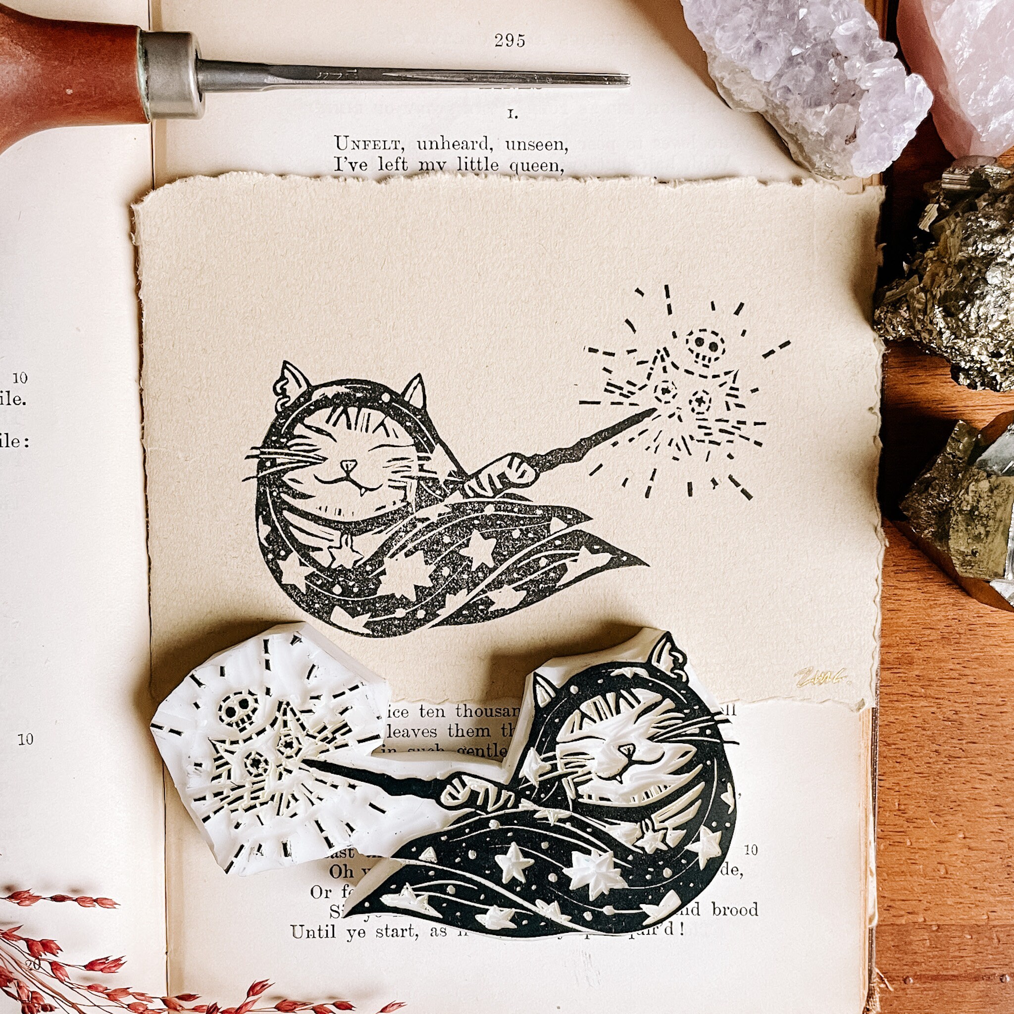 Witchy Cat Art for Magical Home Decor, Mini Linocut Print Set for Cat ...
