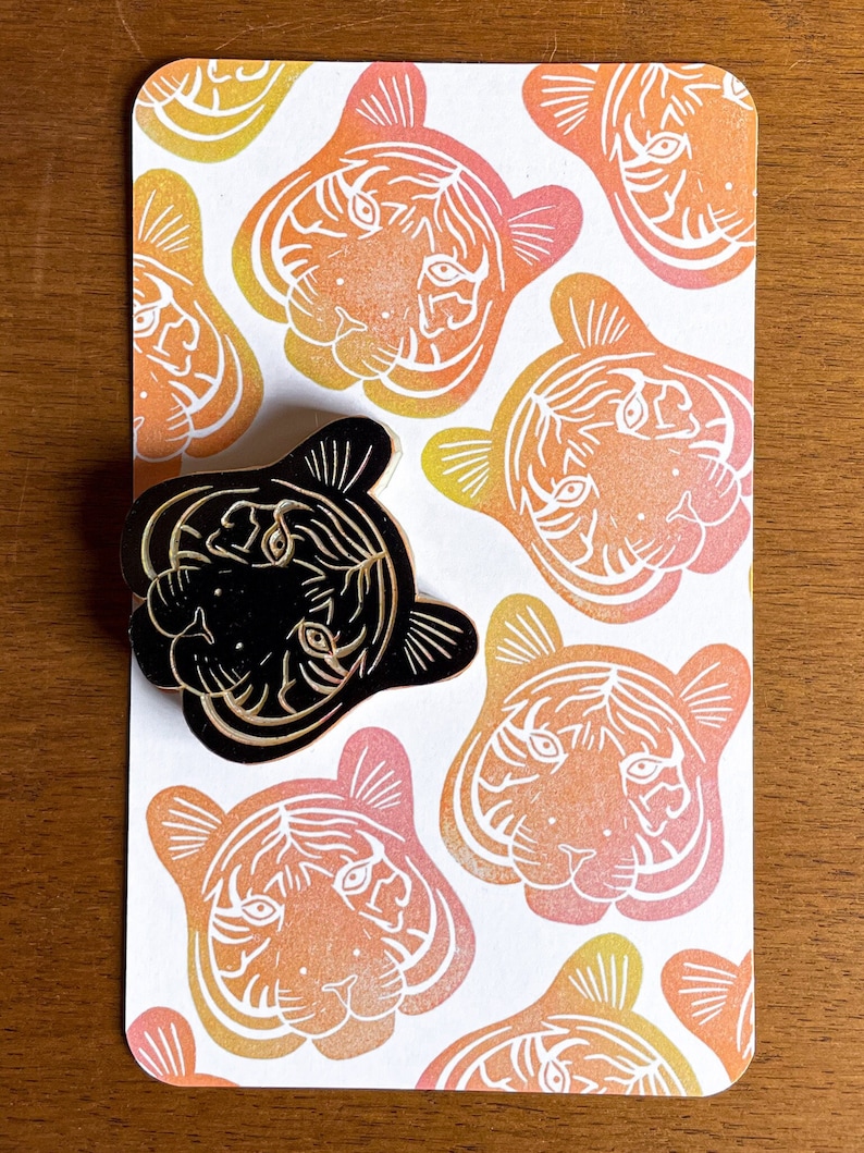 Tiger head rubber stamp hand carved / jungle pattern design / wild animal lover stationery / cardmaking wild cat stamp for bullet journal image 1