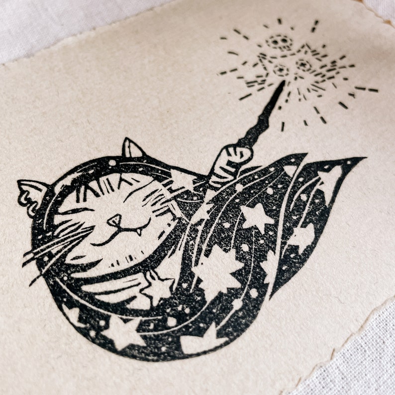 Witchy Cat Art for Magical Home Decor, Mini Linocut Print Set for Cat ...