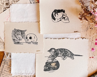 Cats with skulls - small linocut print set, affordable gift for gothic girlfriend