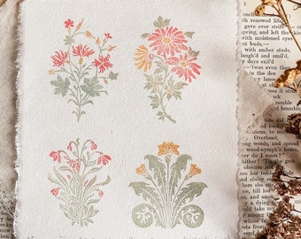Wildflowers art print for boho decoration, small hand printed botanical illustration, original bedroom wall art