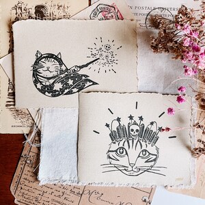 Witchy cat art for magical home decor, mini linocut print set for cat lover