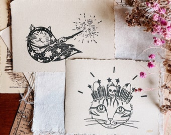 Witchy cat art for magical home decor, mini linocut print set for cat lover