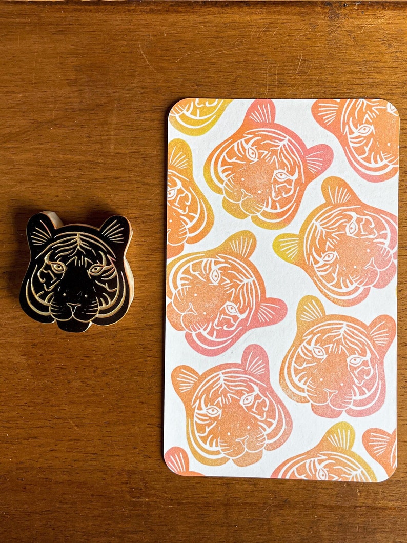 Tiger head rubber stamp hand carved / jungle pattern design / wild animal lover stationery / cardmaking wild cat stamp for bullet journal image 2