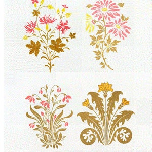 May include: Four floral designs in gold and pink, with the text "Blumen-Ornamente in Englischem Geschmack" at the top. The designs are from a book of decorative patterns.