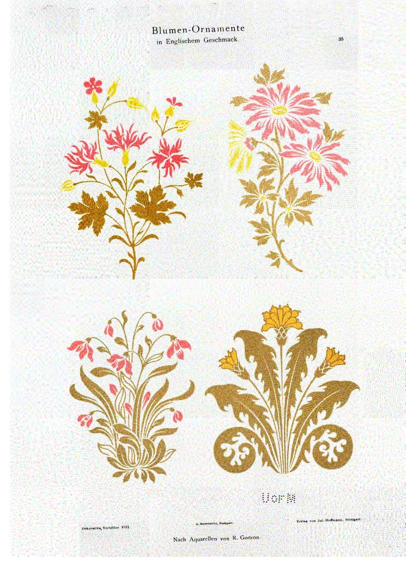 May include: Four floral designs in gold and pink, with the text "Blumen-Ornamente in Englischem Geschmack" at the top. The designs are from a book of decorative patterns.