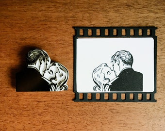 Couple kissing rubber stamp for cardmaking, romantic decoration for vintage comic book lovers, retro style ornament for bullet journal