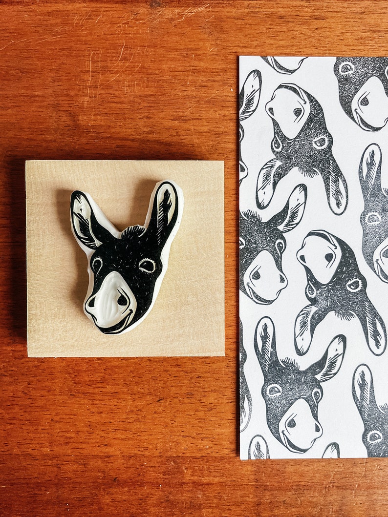 Donkey face rubber stamp for cottage journal, animal imprint for farmhouse decoration, lovely art gift for farmer, country farm symbol Mounted