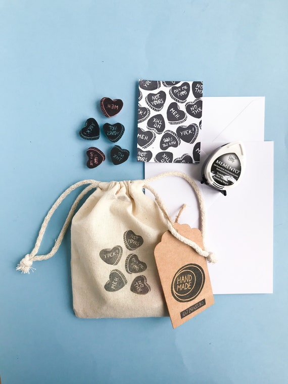 Anti Valentine conversation heart card stamp starter kit / rubber stamp set for Valentines hater / snarky convo heart / sarcastic valentines