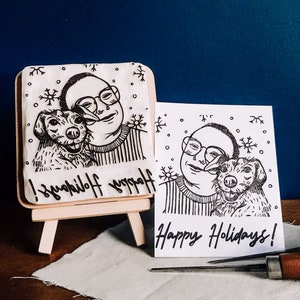 Timbro in gomma personalizzato con ritratto natalizio, regalo di cartone animato per lei, regalo di Natale personalizzato per gli amanti degli animali, creazione di biglietti fai da te per le vacanze invernali