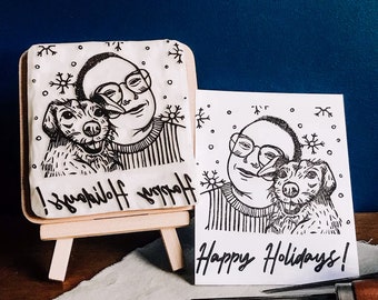 Custom Christmas portait rubber stamp, cartoon gift for her, personalised stocking stuffer for pet lover, winter holidays diy card making