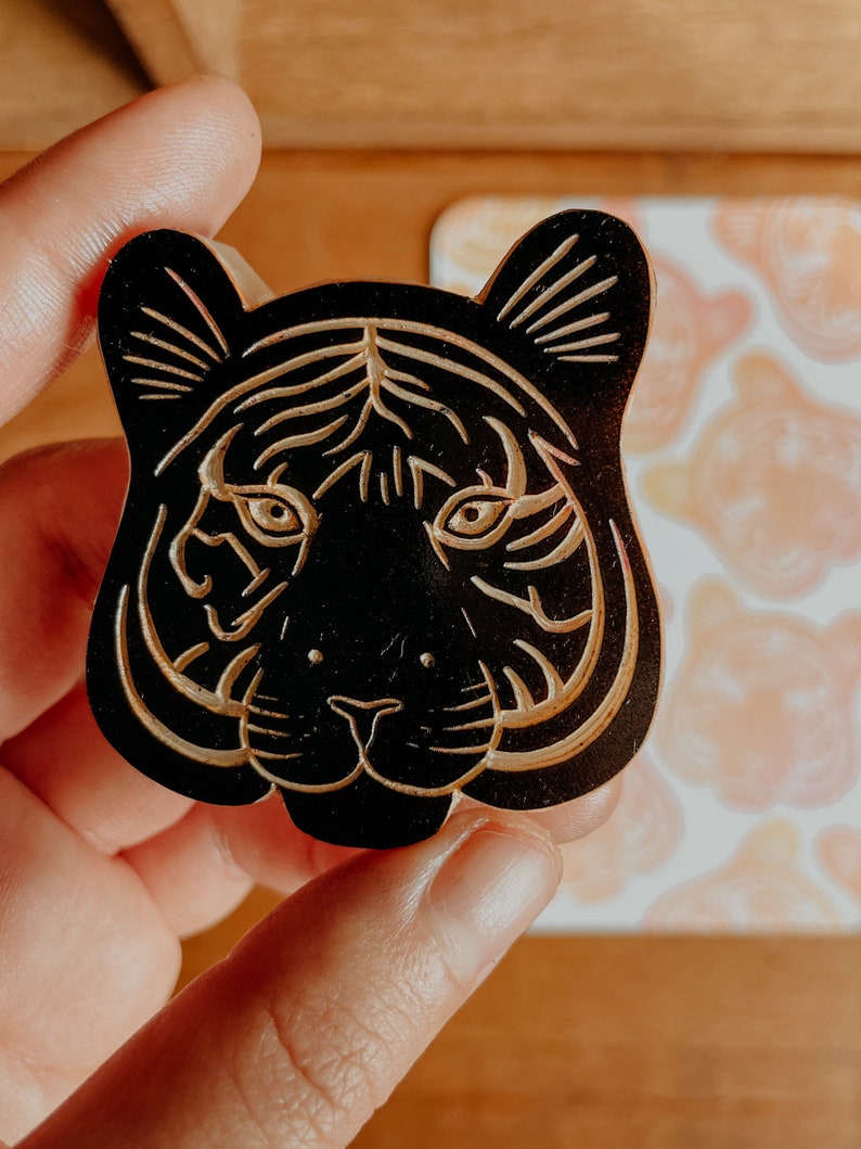 Tiger head rubber stamp hand carved / jungle pattern design / wild animal lover stationery / cardmaking wild cat stamp for bullet journal image 3