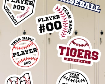 Imanes personalizados para casilleros de béisbol. Nombre y número del equipo personalizados.