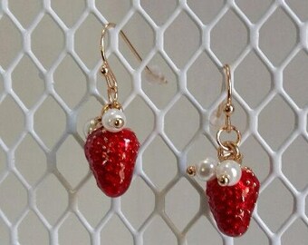 Strawberry  Earrings, Multi Color Earrings, Red Fruit Earrings, Red Strawberry  Earrings, Red Women  Dangle Earrings, Golden Berry  Earrings
